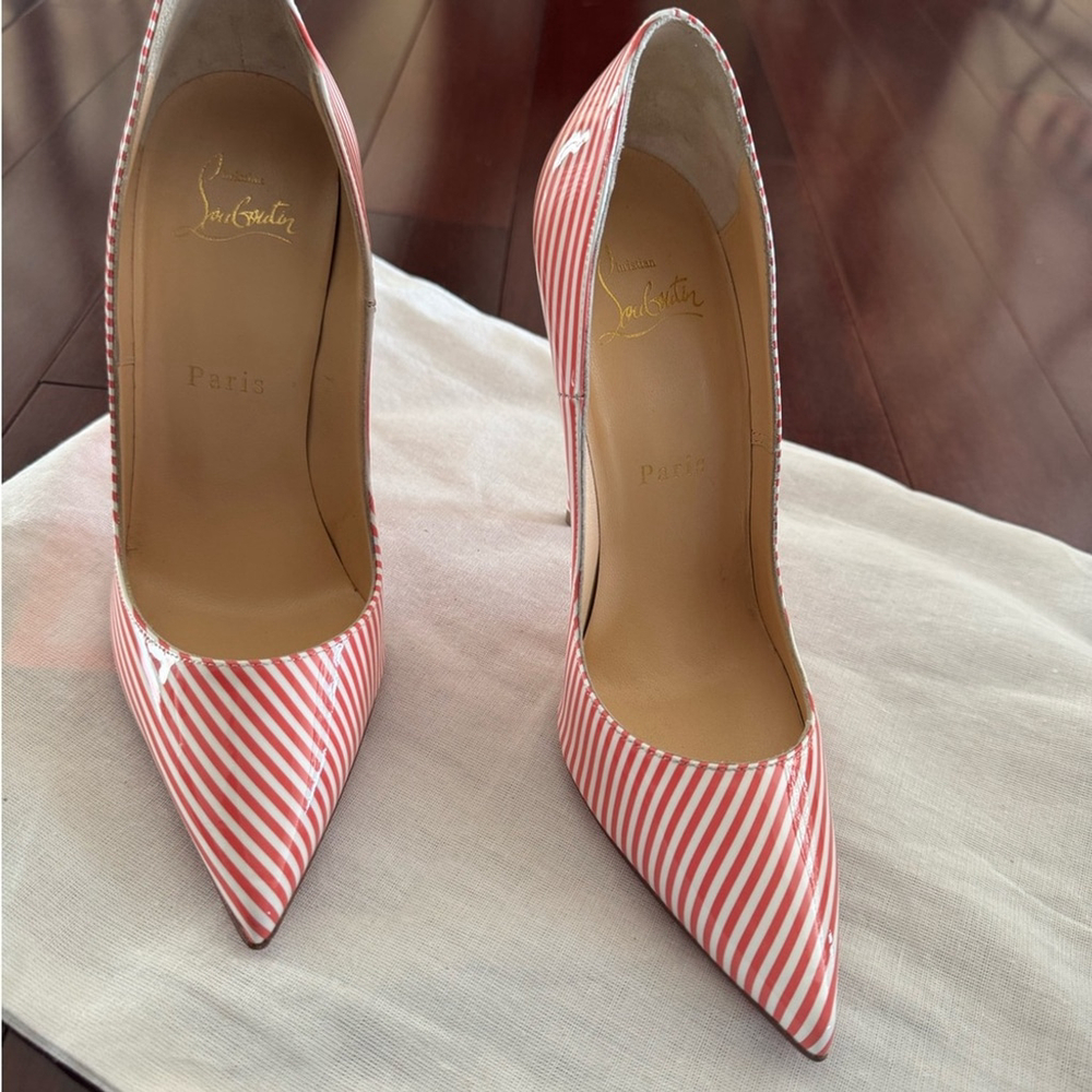 New Christian Louboutin 120 heel pump in Bianca smoothie color with scuffs